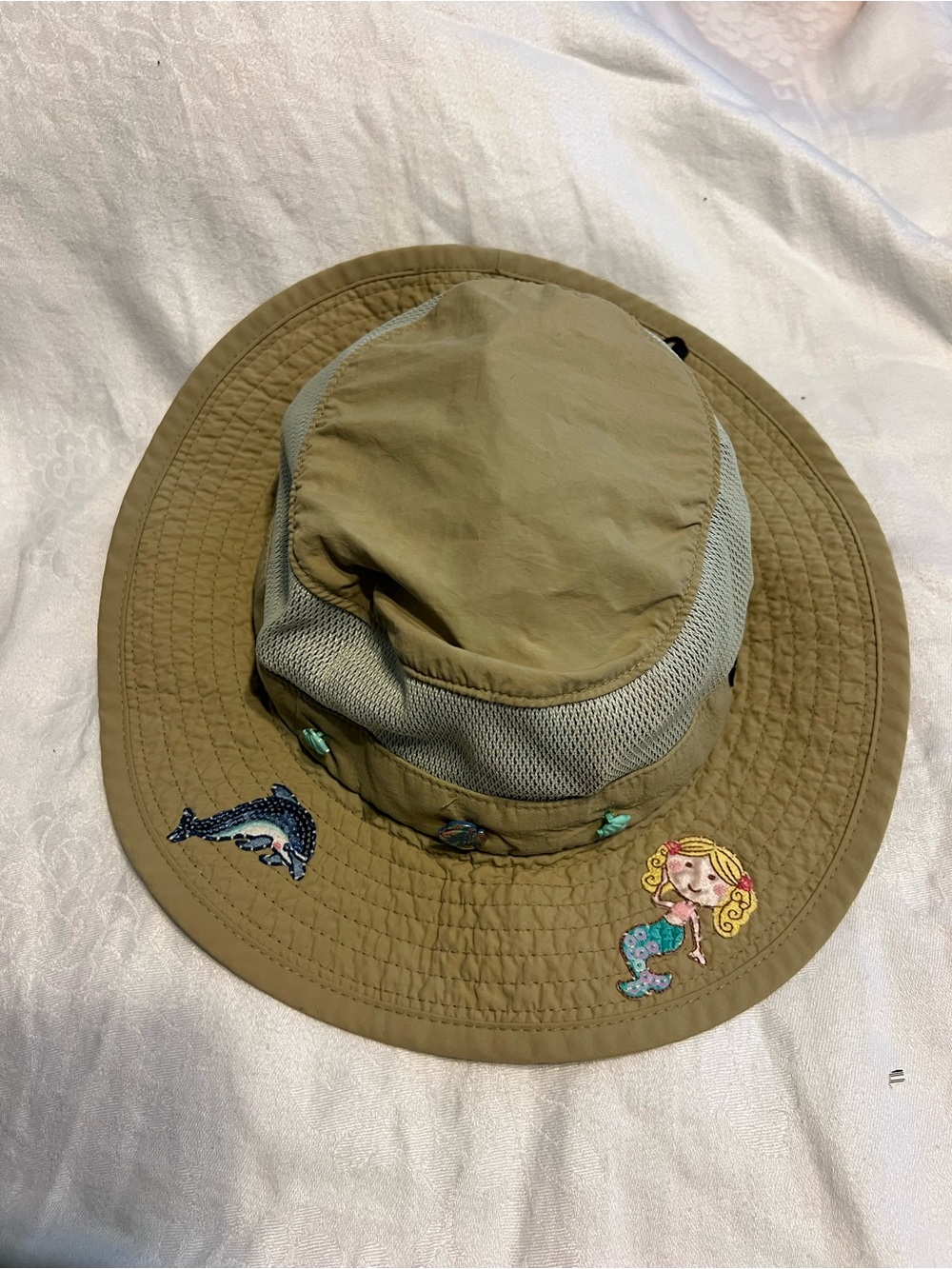 Kids Khaki Sun Hat with Mermaid & Dolphin Embroidery